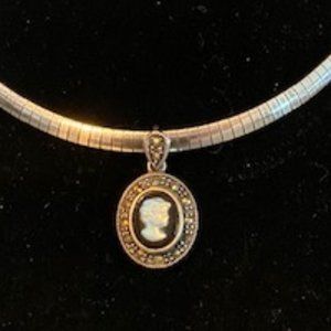 Sterling Silver Marcasite Black Onyx Cameo Slide Pendant, chain NOT included